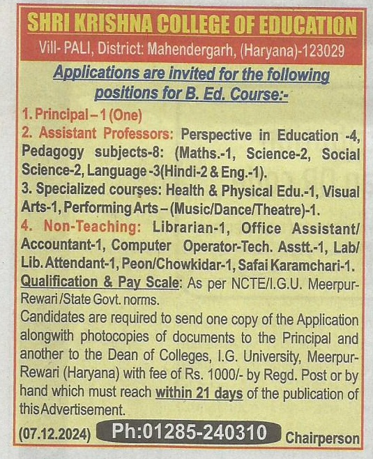 Applications are invited for positions for B.Ed. Course